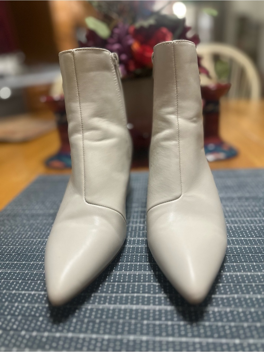 Pointed Toe Stacked Heel Ankle Boots in Light Gray
